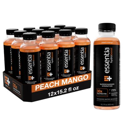 NEW Essentia Hydroboost Enhanced Bottled Water, 15.2 fl. oz. (450 mL), 12 Pack, Peach Mango, Hydrolyte Blend with B-Complex Vitamins and Electrolytes, Clean Taste Supercharged Hydration