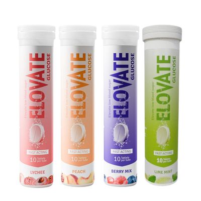 Elovate 15 Effervescent Glucose Tablets - Fast Acting Hydration for Sports, Travel, More - 10 Tablets Per Tube (Pack of 4, Flavors Berry Mix, Lime Mint, Lychee, Peach) (4, Multi Flavor)