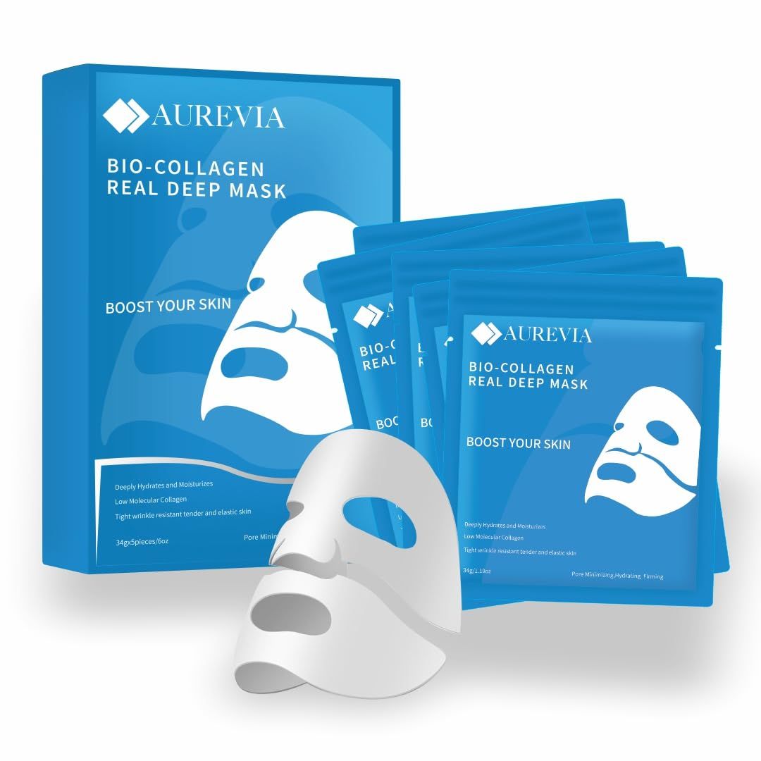 AUREVIA Bio-Collagen Face Mask- Hydrating Overnight Hydrogel Sheet Mask for Women - Anti-Aging, minimize pores Rediance Boost (5 Pack)