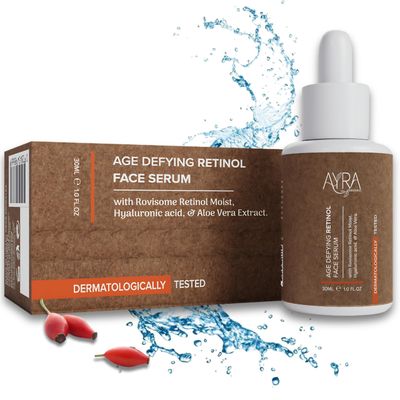 Ayra Organic Age Defying Retinol Face Serum - 1 Fl Oz Anti-Aging with Rovisome Retinol, Hyaluronic Acid Aloe Vera Organic Eco-Friendly Reduces Fine Lines Wrinkles