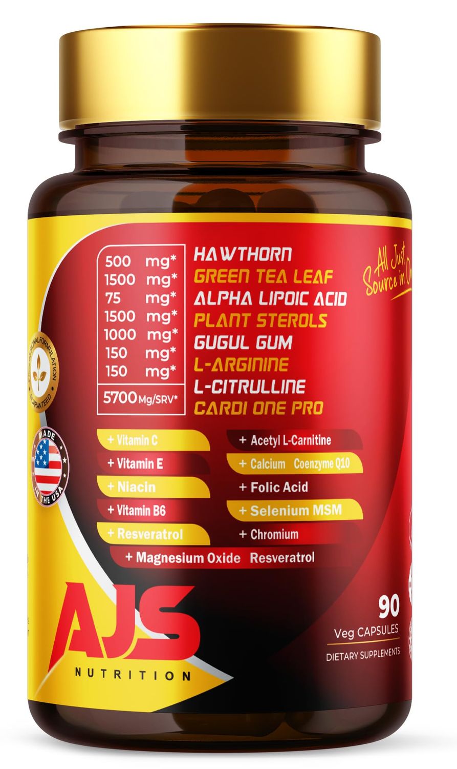 AJS CardiOne Pro - Comprehensive Cardiovascular Support Supplement with L-Citrulline, CoQ10, Resveratrol, Green Tea Extract, Magnesium, and Plant Sterols - 90 Vegan Capsules for Heart Health Energy
