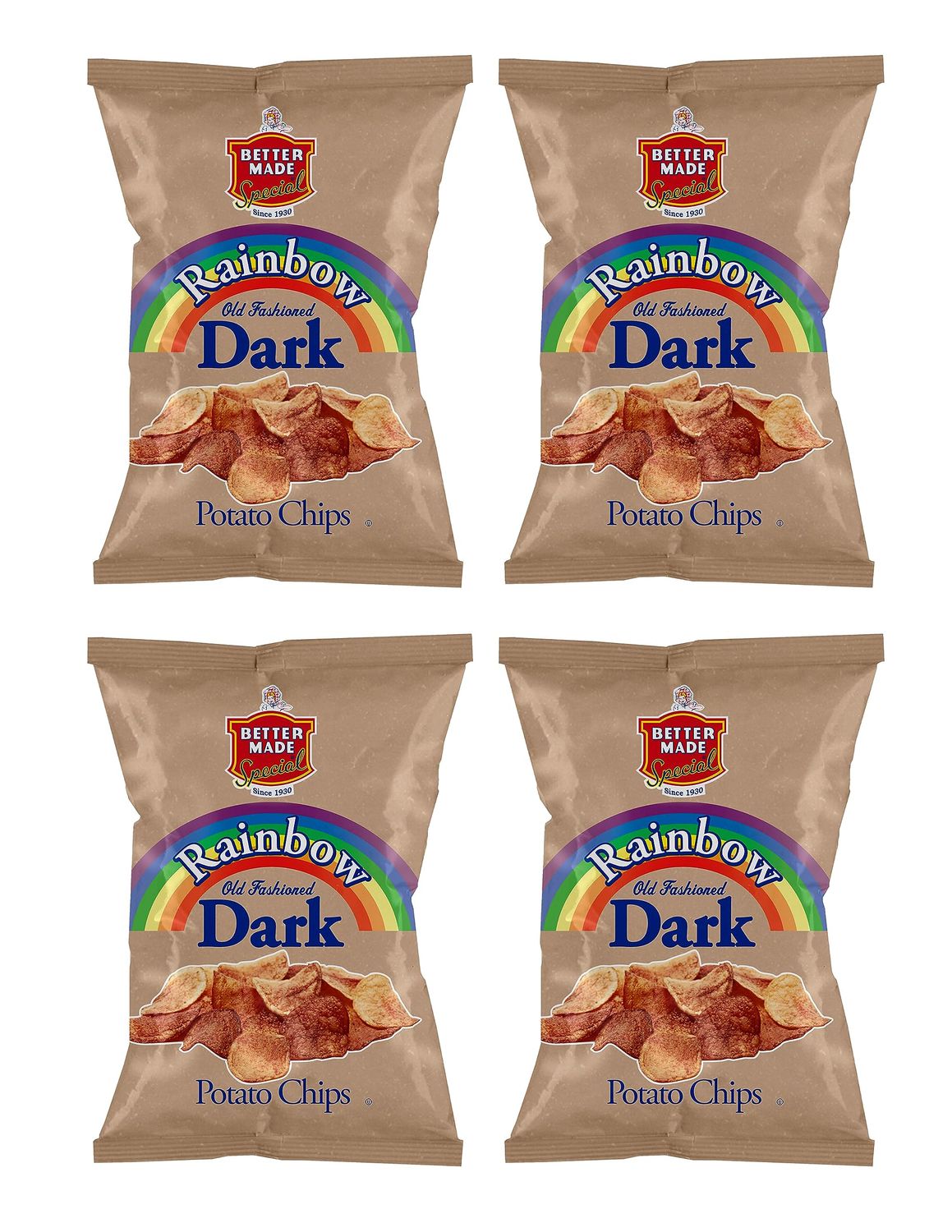 Better Made Rainbow Old Fashioned Dark Potato Chips - (4) x 7.5oz Bags - (Pack of 4) - Crispy, Crunchy, Salty Snacks Made From Fresh Potatoes - Gluten Free - Family Owned and Operated