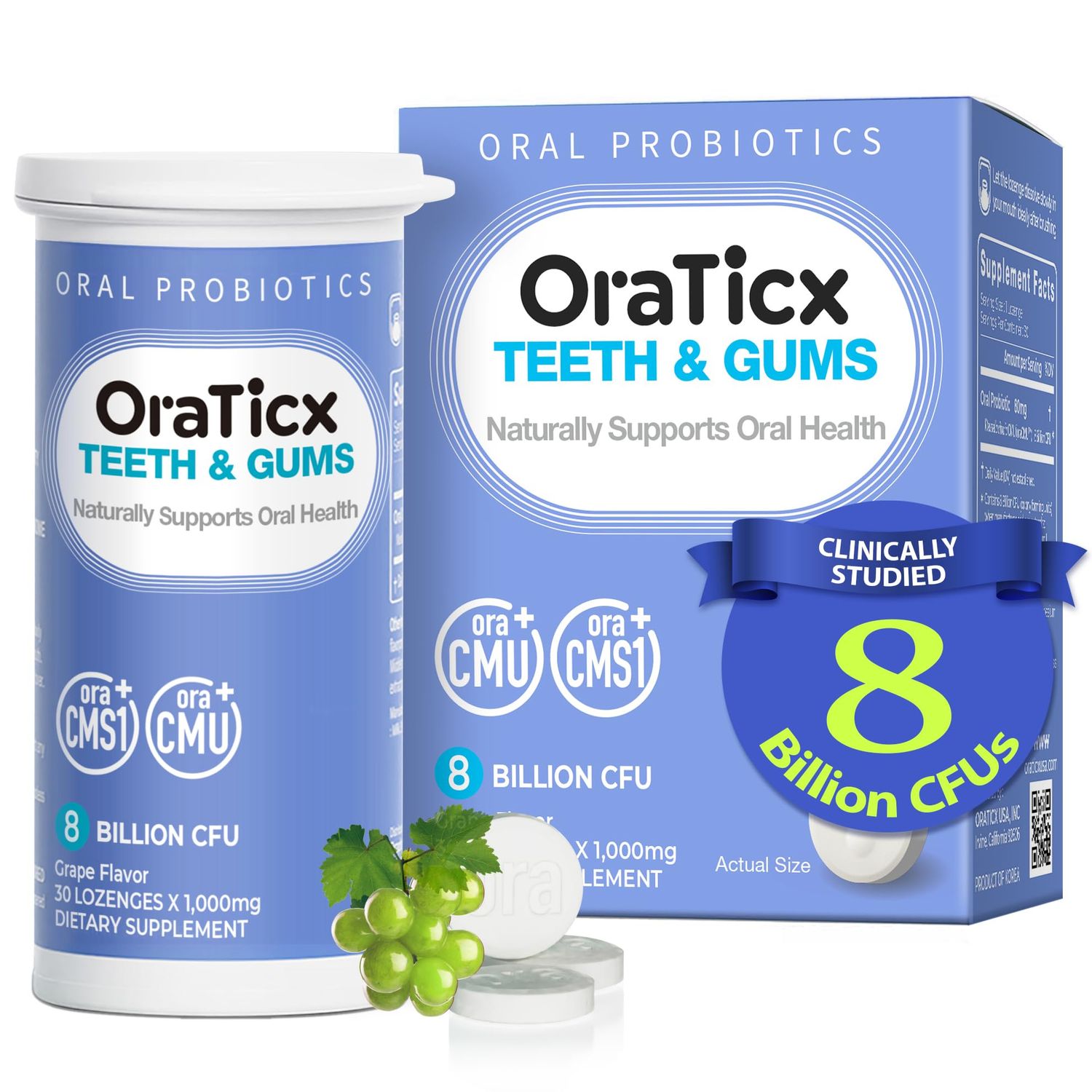 OraTicx Teeth Gums Dental Probiotic, 8 Billion CFU - Naturally Supports Oral Health, Fresh Breath, and Immunity, Oral Probiotic Supplement, Grape Flavor 30 Lozenges 1-PK