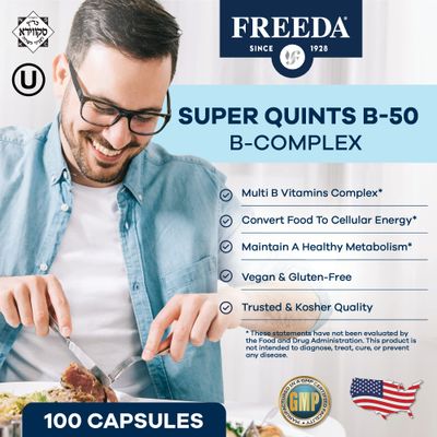 FREEDA Vitamin B Complex - Kosher Super B Complex Vitamin Supplement for Women Men with Biotin, Vitamin B12, B1, B2, B3, B6, Folic Acid - Energy Metabolism Booster - Super Quints B-50 (250 Capsules)