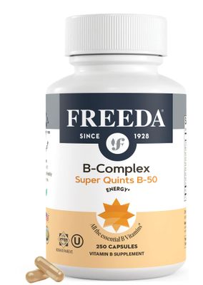 FREEDA Vitamin B Complex - Kosher Super B Complex Vitamin Supplement for Women Men with Biotin, Vitamin B12, B1, B2, B3, B6, Folic Acid - Energy Metabolism Booster - Super Quints B-50 (250 Capsules)
