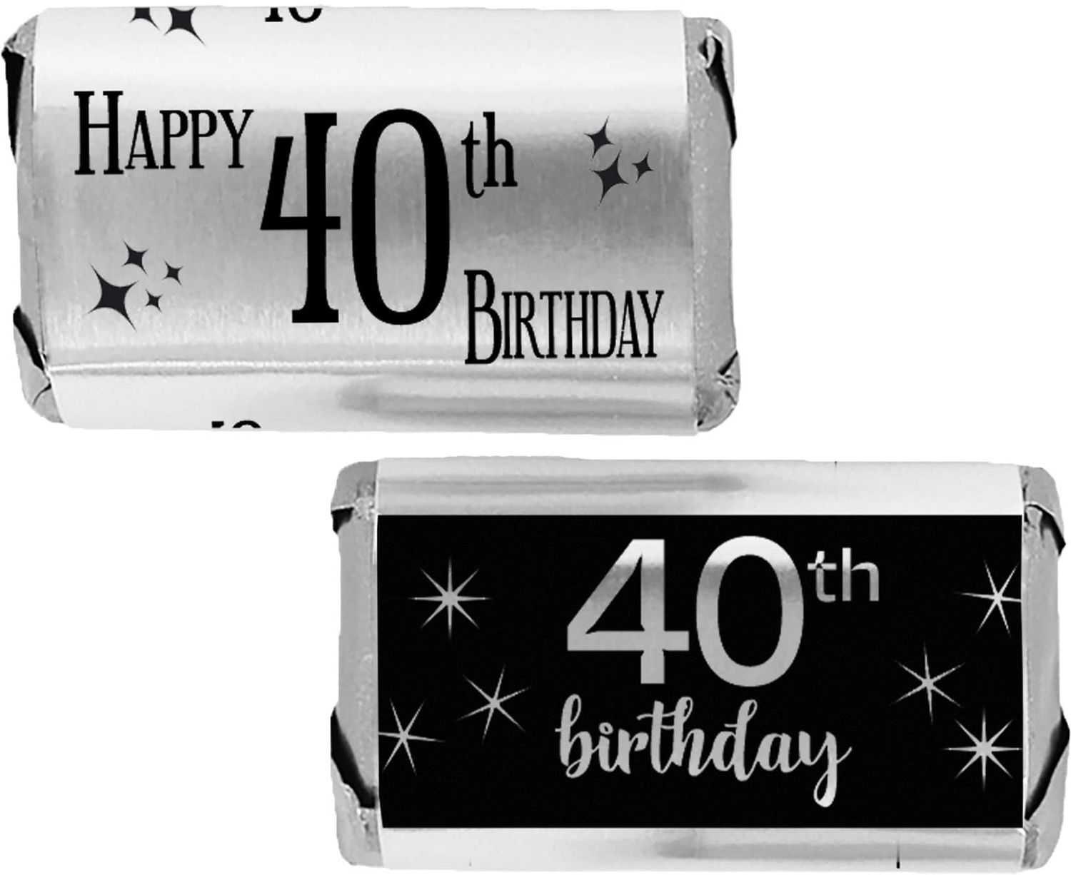 40th Birthday Mini Candy Bar Wrappers - 45 Black and Silver Foil Stickers - Chocolate Labels for 40th Birthday Party Favors - Shiny Party Candy Decorations for Men or Women