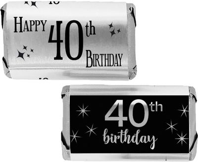 40th Birthday Mini Candy Bar Wrappers - 45 Black and Silver Foil Stickers - Chocolate Labels for 40th Birthday Party Favors - Shiny Party Candy Decorations for Men or Women
