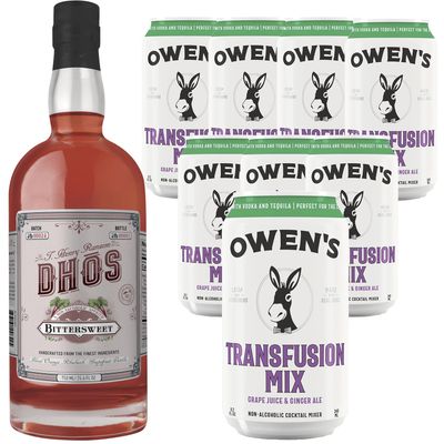Dh s Handcrafted Non-Alcoholic Bittersweet 750 ML Bottle w Pack Owen s Mixers Transfusion Mix 8.2 OZ Cans - Keto-Friendly, Zero Sugar, Zero Calories, Zero Proof - Perfect for Mocktails - Made in USA