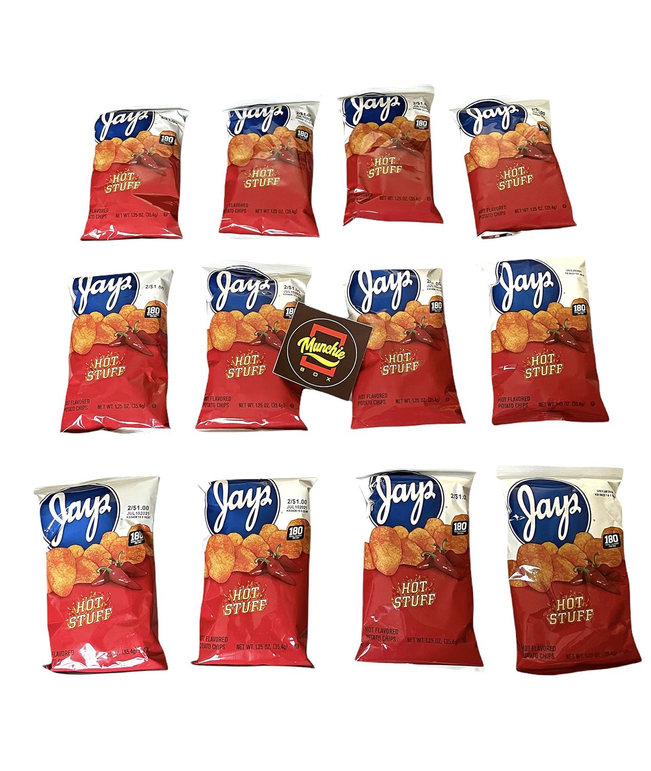 Munchie Box Jay&#39;s Hot Stuff Potato Chips an Iconic Chicago Style taste (Pack of ( 12 ) 1.25 Oz Bags)