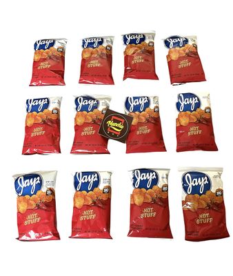 Munchie Box Jay&#39;s Hot Stuff Potato Chips an Iconic Chicago Style taste (Pack of ( 12 ) 1.25 Oz Bags)