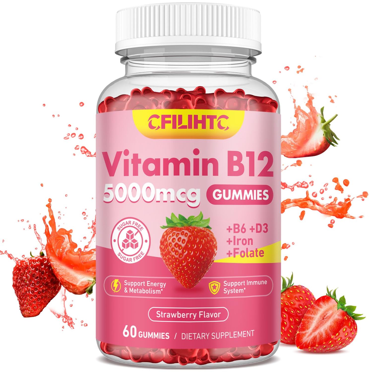 Vitamin B12 Gummies for Women Men, 5000mcg Methyl B12 Gummies with Vitamin B6, D3, Iron, Folate for Adults, Supports Energy Metabolism Boost, Mood, Immune Nervous System, Sugar Free Strawberry