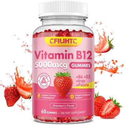Vitamin B12 Gummies for Women Men, 5000mcg Methyl B12 Gummies with Vitamin B6, D3, Iron, Folate for Adults, Supports Energy Metabolism Boost, Mood, Immune Nervous System, Sugar Free Strawberry