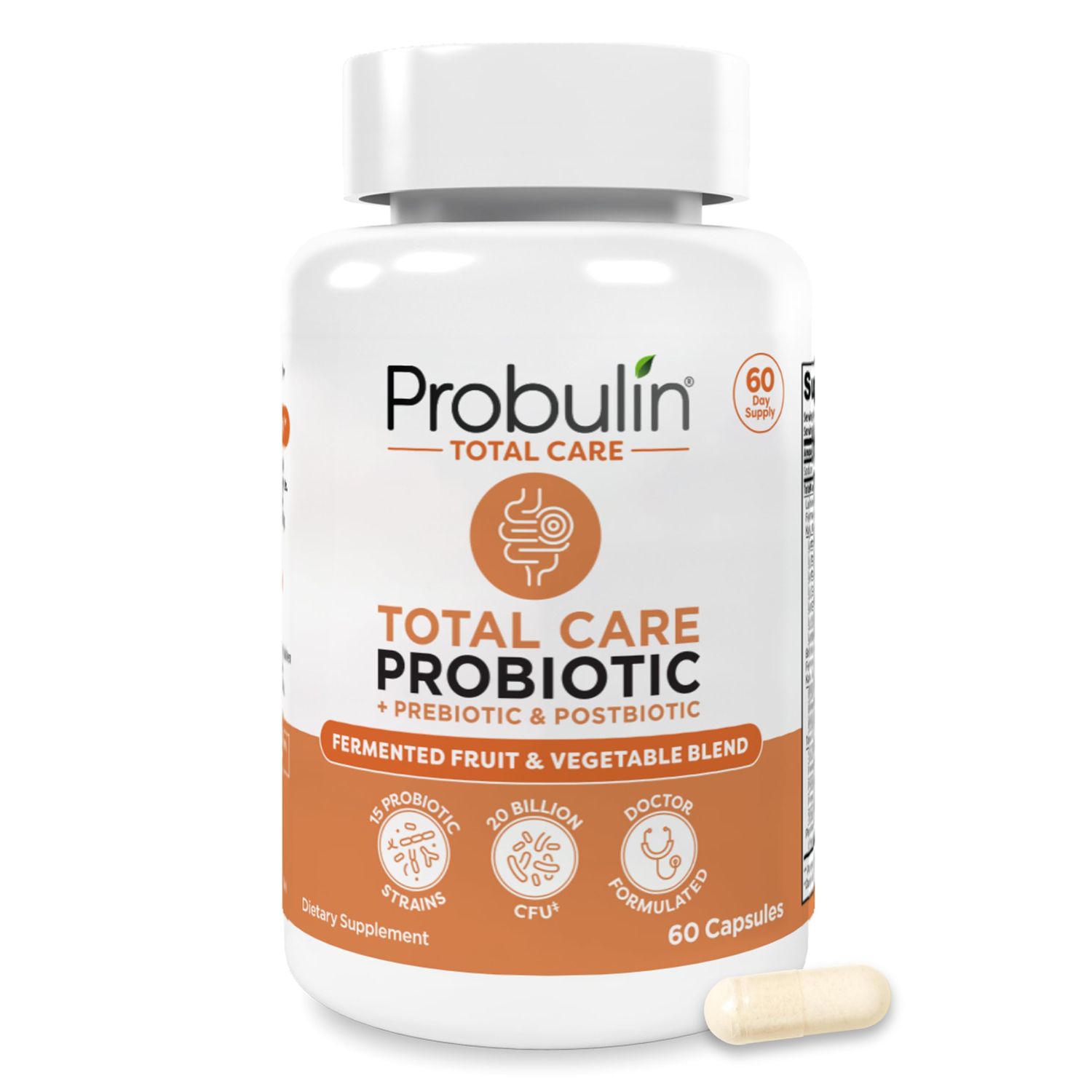 Probulin Total Care Probiotic Supplement, Daily Gut, Digestive, and Immune Health Probiotics Capsules for Men and Women, 20 Billion CFU, Vegan, 60 Count Bottle