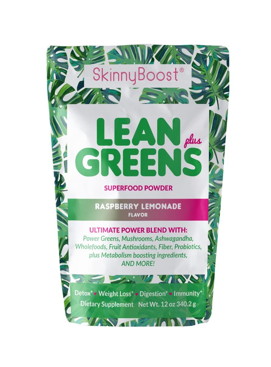 SkinnyBoost - Lean Greens Super Food Powder - Ultimate Power Blend with Green Tea, Mushroom Blend, Ashwagandha, Spirulina Algae Wholefoods - Natural Detox Clean Energy - 30 Servings -12 Oz