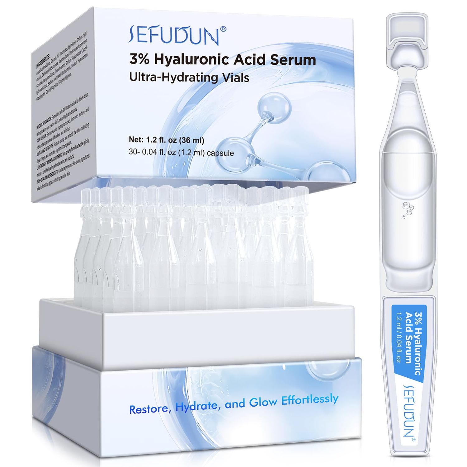 3 Hyaluronic Acid Serum Ultra-Hydrating Vials 30 pcs - 3 Hyaluronic Acid Serum For Face - Single Use Hyaluronic Acid Tubes - Intensive Moisturizing, Skin Tightening, Emergency Repair, Anti-Aging