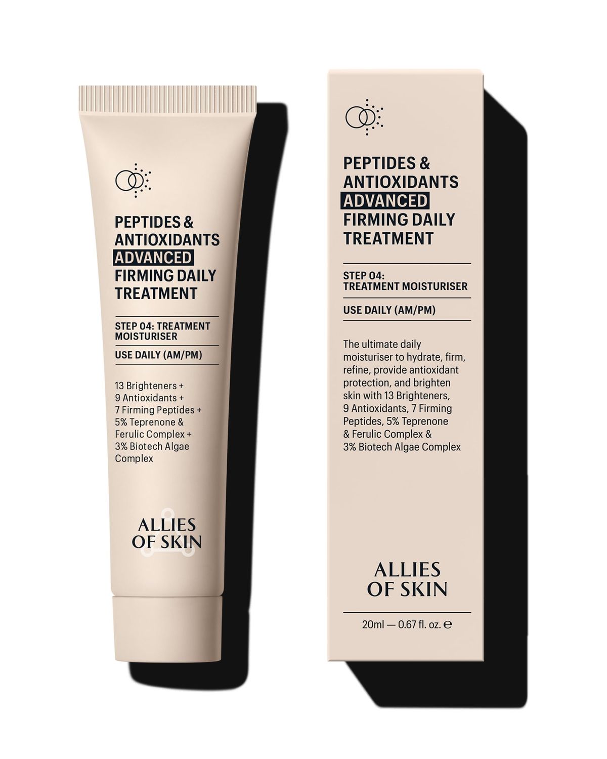 Allies of Skin Peptides Antioxidants Advanced Firming Daily Treatment with 13 Brighteners, 9 Antioxidants, 7 Firming Peptides, 5 Teprenone Ferulic Complex and 3 Biotech Algae Complex 20ml0.67oz