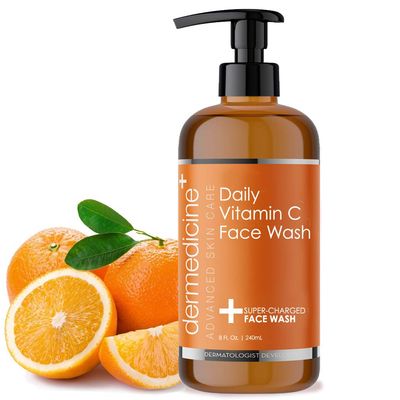 Dermedicine Daily Vitamin C Face Wash Super-Charged wMarine Plant Extracts Retinol Cleaner Works to Help as Cleanser, Brighten Balance Complexion 8 Fl. Oz. 240mL