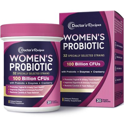 Doctor&#39;s Recipes Probiotics for Women, 100 Billion CFU 32 Strains, with Prebiotic Fiber, Enzymes Cranberry, Vaginal Urinary Digestive Immune, No Yeast, Shelf Stable, Delayed Release, 30 Caps