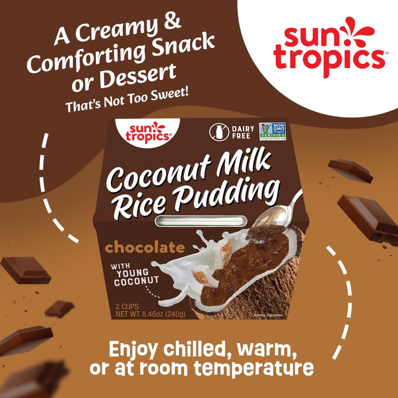 Sun Tropics Coconut Milk Rice Pudding Snack, Chocolate Vegan Pudding, Dairy Free Pudding Snacks Gluten Free, Low Sugar, Non-GMO Ready-to-Eat Pudding Cups 8.46 Oz (Pack of 6)