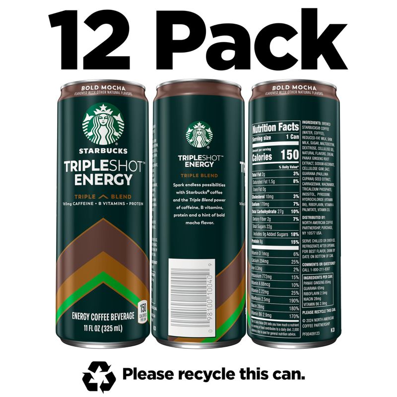 Starbucks Tripleshot Coffee Energy Drink, Bold Mocha, 11 fl oz Cans (12 Pack), Triple Blend, 165mg Caffeine, B Vitamins, Protein, Iced Coffee