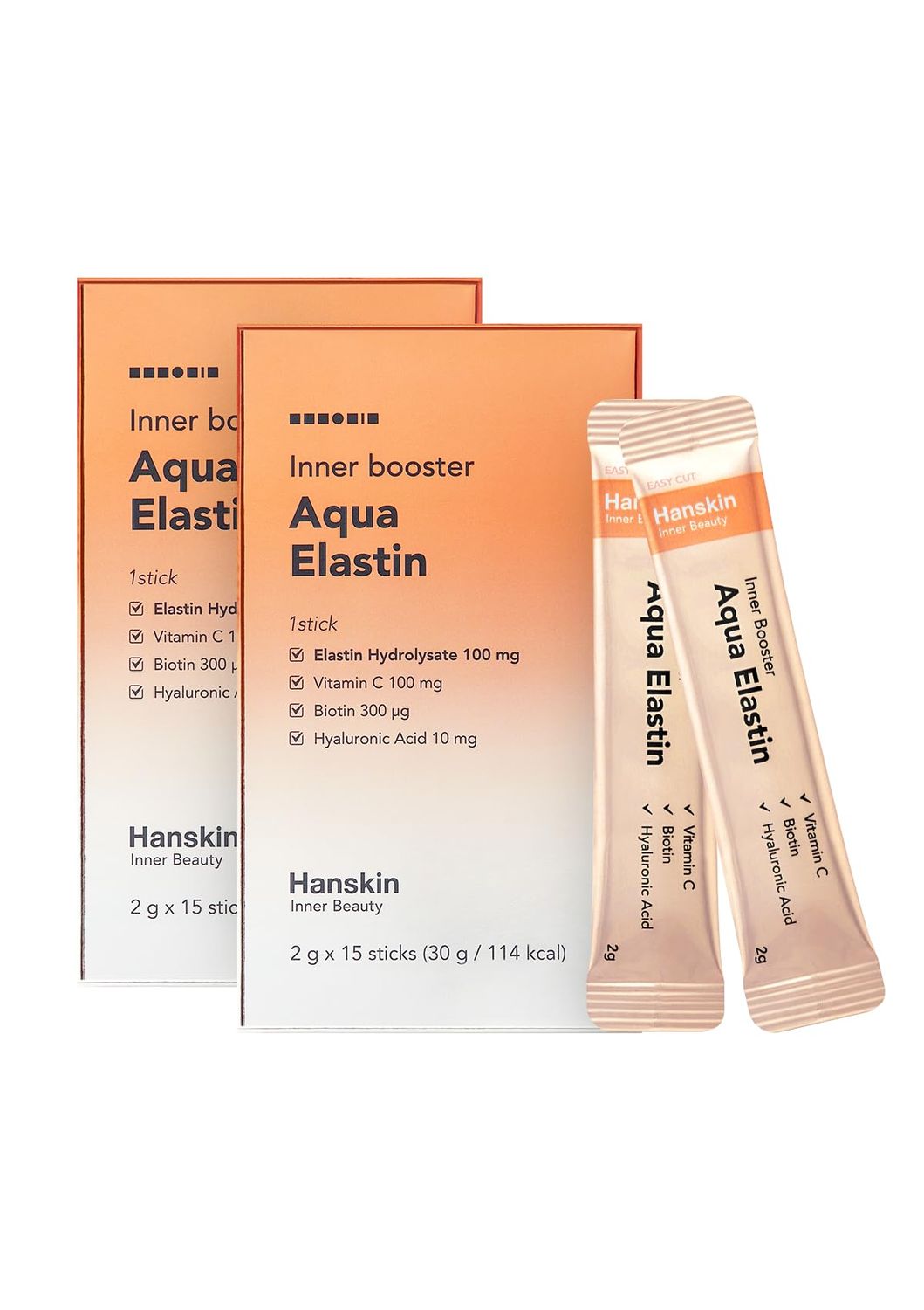 Hanskin Aqua Elastin Hyaluronic Acid Powder Packets for Hair, Skin, Wrinkles Nails Biotin, Vitamin C, Hyaluronic Acid Nutritional Supplement for Healthy Skin, 2g x 30 Individual Sticks