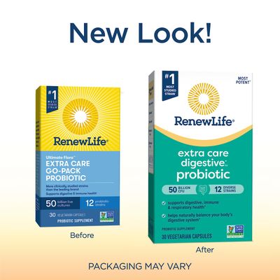 Renew Life Extra Care Go-Pack Probiotic Capsules, Daily Supplement Supports Immune, Digestive and Respiratory Health, L. Rhamnosus GG, Dairy, Soy and gluten-free, 50 Billion CFU, 30 Ct