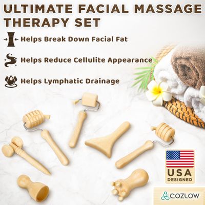 COZLOW Wood Therapy Facial Massage Tools (7 Piece Set), Gua Sha Wooden Face Massager Kit for Face Lifting, Lymphatic Drainage, Skin Care Anti-Aging
