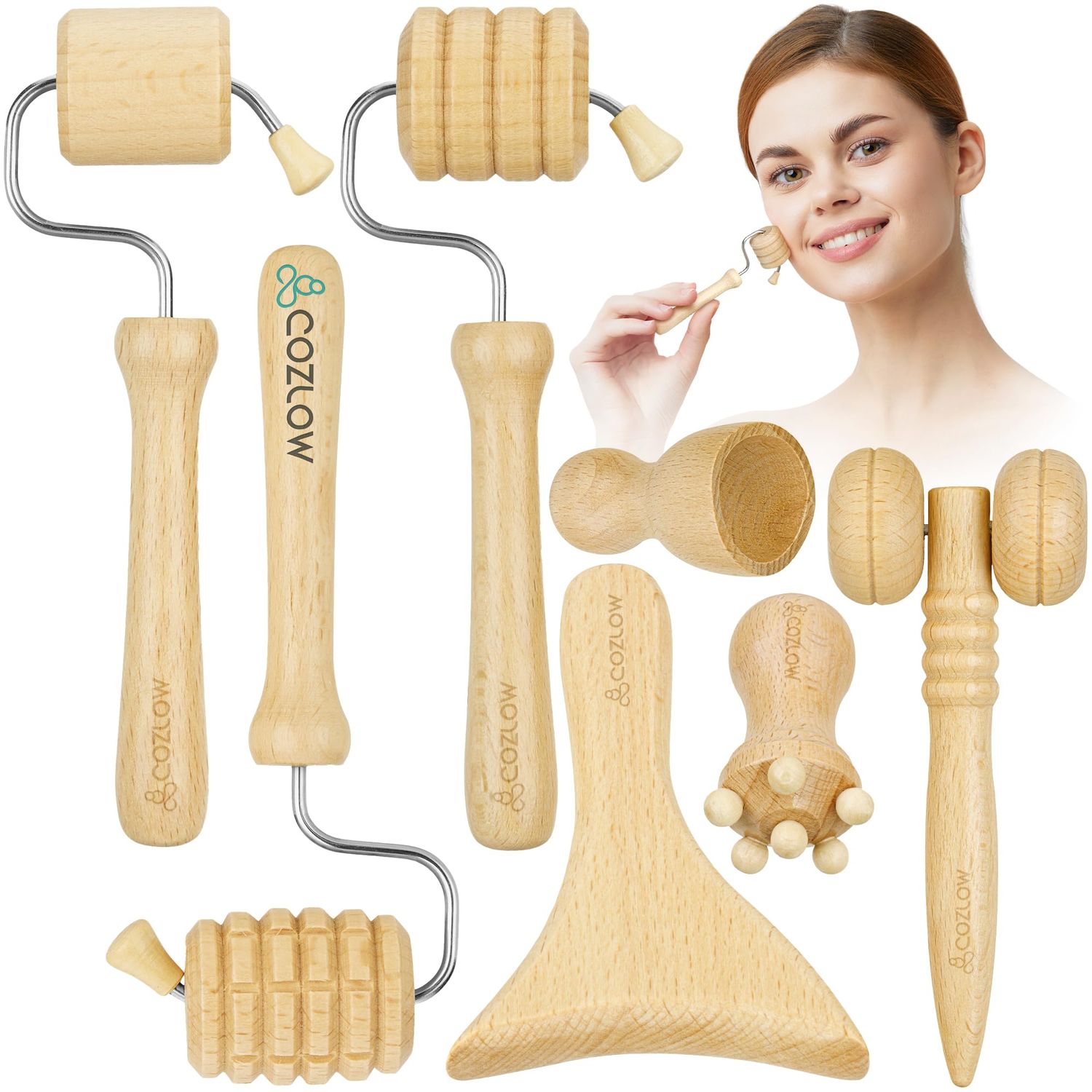 COZLOW Wood Therapy Facial Massage Tools (7 Piece Set), Gua Sha Wooden Face Massager Kit for Face Lifting, Lymphatic Drainage, Skin Care Anti-Aging