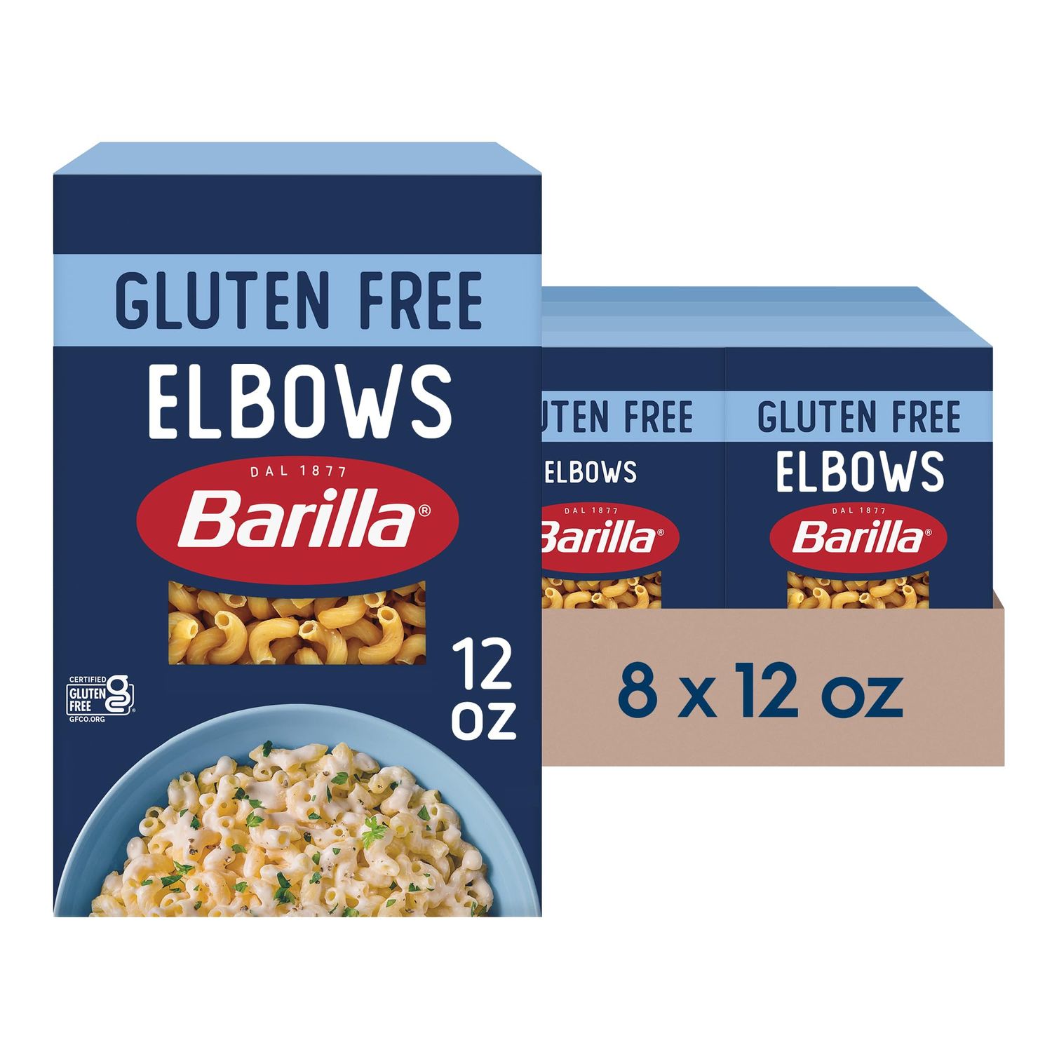 BARILLA Gluten Free Elbows Pasta, 12 Ounce (Pack of 8) - Non-GMO Gluten Free Pasta Made with Blend of Corn Rice - Vegan Pasta