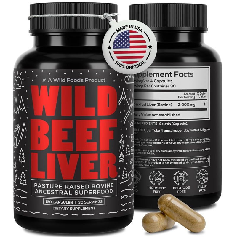Wild Foods Beef Liver Capsules - Grass-Fed Pasture-Raised 3000mg Ancestral Supplement for Natural Energy Immune Support Organ Supplement for Men Women Keto, Paleo, Carnivore (120 Softgels)
