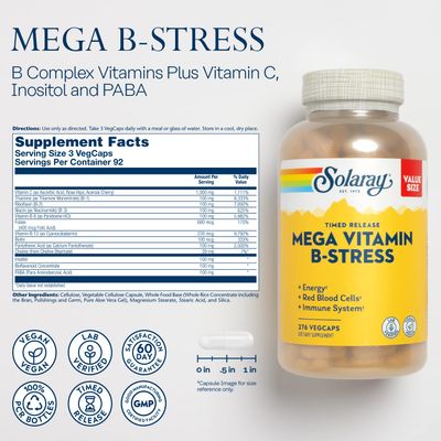 SOLARAY Mega Vitamin B-Stress - Timed Release Vitamin B Complex wVitamin B12, B6, Folic Acid, VIT. C - Stress, Energy, Red Blood Cell, Immune Support - Vegan, 60-Day Guarantee (276 CT)