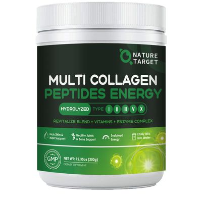 NATURE TARGET Multi-Collagen-Peptides-Powder - Hydrolyzed Collagen with Energy Blend Multivitamin Minerals, Supports Energy Skin Hair Nail Joint, Non-GMO, 35 Servings