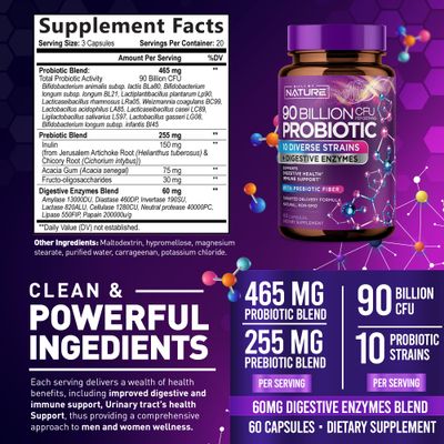 90 Billion CFU Probiotic - Daily Digestive Gut Health Supplement for Men Women - Lactobacillus acidophilus, Bifidobacterium Prebiotics - Non-GMO, Gluten Dairy Free, Shelf-Stable - 60 Capsules