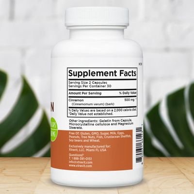 Xtravit Cinnamon Bark Supplement - Natural Energy, Metabolism, Digestive Support for Men Women - Promotes Collagen for Healthy Hair, Skin Nails - Non-GMO, Gluten-Free, No Fillers, 60 Capsules