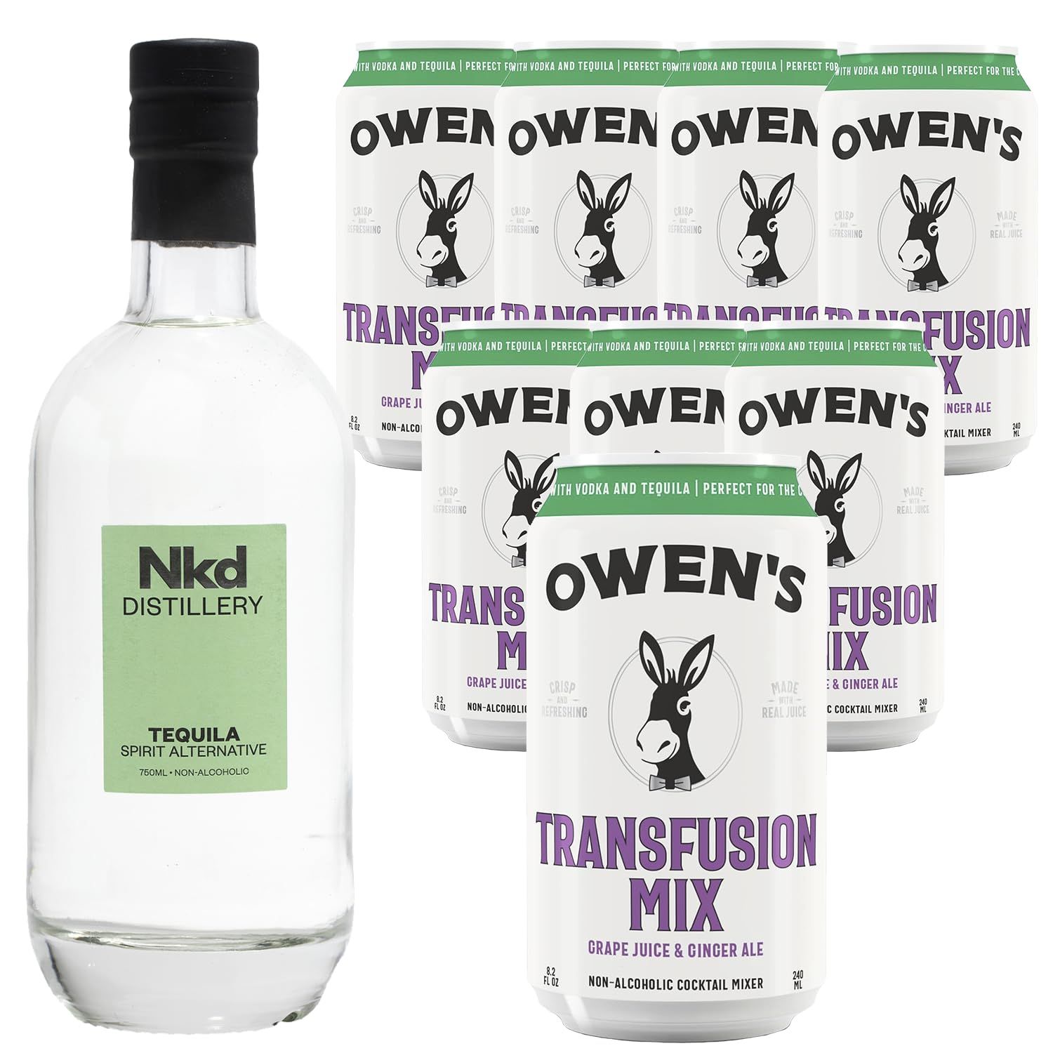 Nkd Distillery Tequila Alternative Premium Non-Alcoholic Spirit 750 ML Bottles w Owen s Mixers Transfusion Mix 8.2 OZ Cans - Perfect for Mocktails - Made in USA
