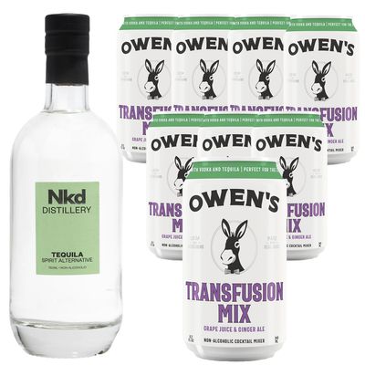 Nkd Distillery Tequila Alternative Premium Non-Alcoholic Spirit 750 ML Bottles w Owen s Mixers Transfusion Mix 8.2 OZ Cans - Perfect for Mocktails - Made in USA