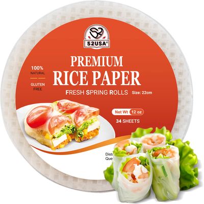 52USA Rice Paper, 1 Pack, Rice Paper Wrappers, Fresh Spring Roll Wrappers Dumplings-34 Sheets, Gluten-Free Wonton Wrappers, Vegan, Low Carb, Vietnamese Rice Wraps (Round, 22cm)