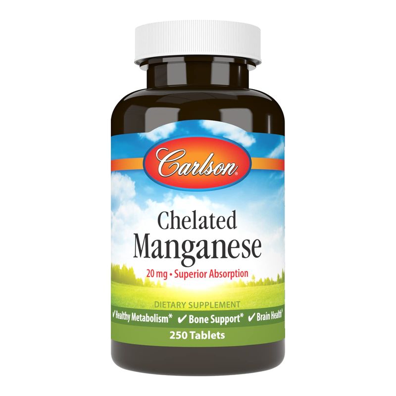 Carlson - Chelated Manganese, 20 mg - Superior Absorption, Healthy Metabolism, Bone Support Brain Health, 250 Tablets