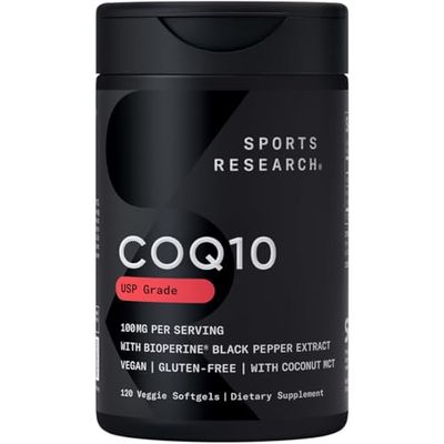 Sports Research CoQ10 (100mg) Enhanced wCoconut Oil Bioperine (Black Pepper) for Better Absorption Vegan Certified, Non-GMO Verified (120 Veggie Softgels)