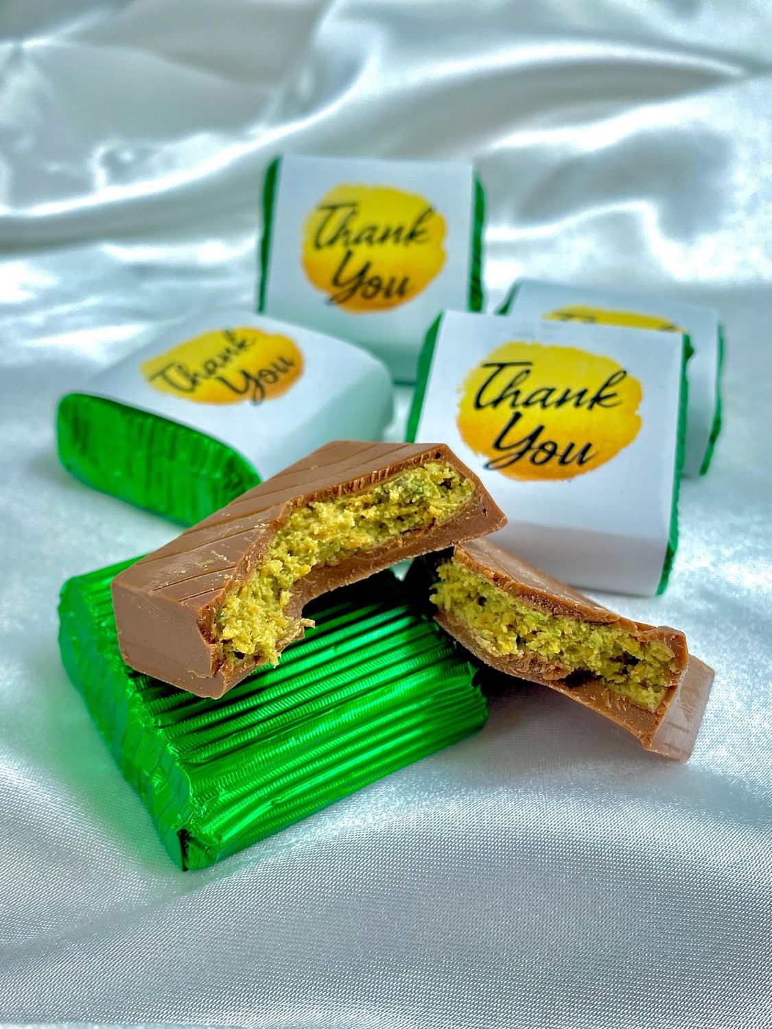 Dubai Thank You Chocolate (Set of 16 pcs.) - Milk Chocolate with Pistachio Knafeh Filling, Special Thank You Gift - Elegant Presentation for Wedding, Event and Corporate Gifts