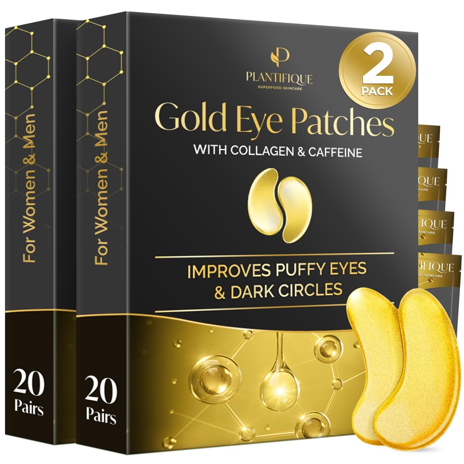 PLANTIFIQUE Gold Under Eye Patches for Puffy Eyes 40 Pairs Under Eye Masks for Dark Circles Puffiness Eye Gels with Collagen Caffeine Anti Aging Gold Eye Mask Skincare