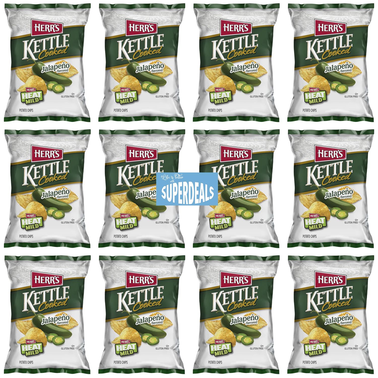Herr&#39;s Kettle Cooked Jalapeno Flavored Potato Chips, 1.12 oz Pack of 12 bundled by SUPERDEALS with Mystery Gift