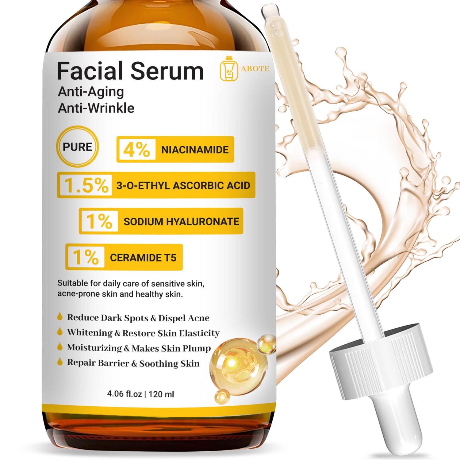 Pure 4 Niacinamide Serum for Acne Treatment for Face Dark Spots Brightening Face Serum with 1.5 Vitamin C 1 Hyaluronic Acid 1 Ceramide T5 Hydration Anti-Wrinkle Formula (4 fl.oz120ml)