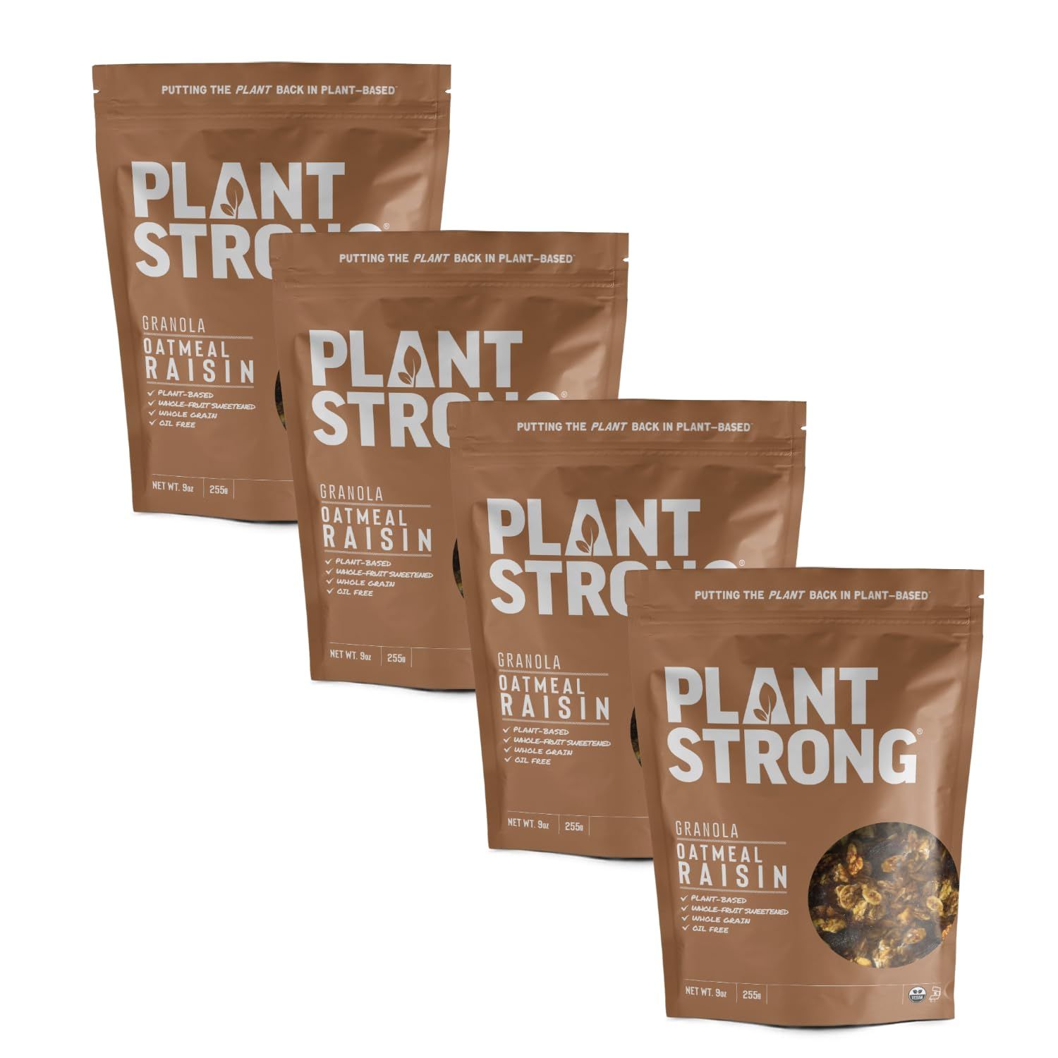 PLANTSTRONG Classic Oatmeal Raisin Cookie Granola Snack Mix - Whole-Grain, Whole-Fruit Sweetened, Plant-Based, Oil Free - Pack of 4 x 9oz Bags