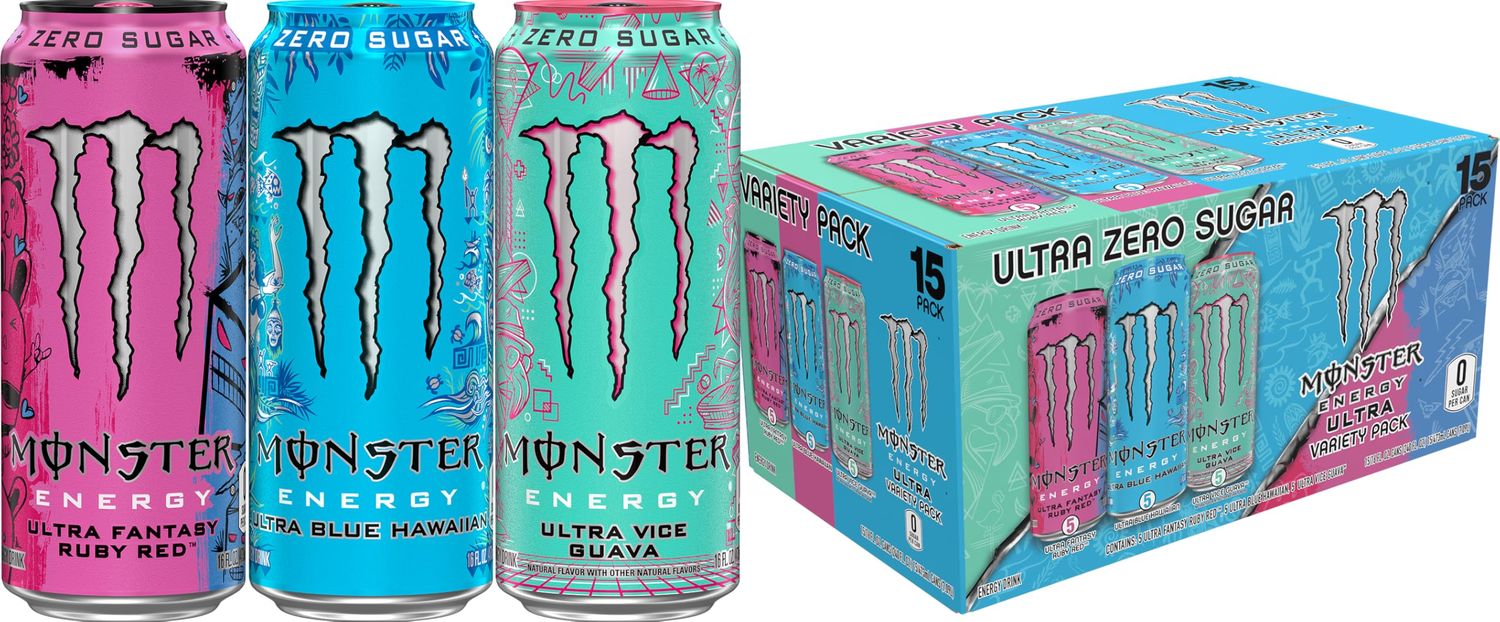 Monster Energy Ultra Variety Pack, Blue Hawaiian, Ultra Vice Guava, Ultra Fantasy Ruby Red, Sugar Free Energy Drink, 16 Ounce (Pack of 15)