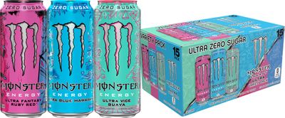 Monster Energy Ultra Variety Pack, Blue Hawaiian, Ultra Vice Guava, Ultra Fantasy Ruby Red, Sugar Free Energy Drink, 16 Ounce (Pack of 15)