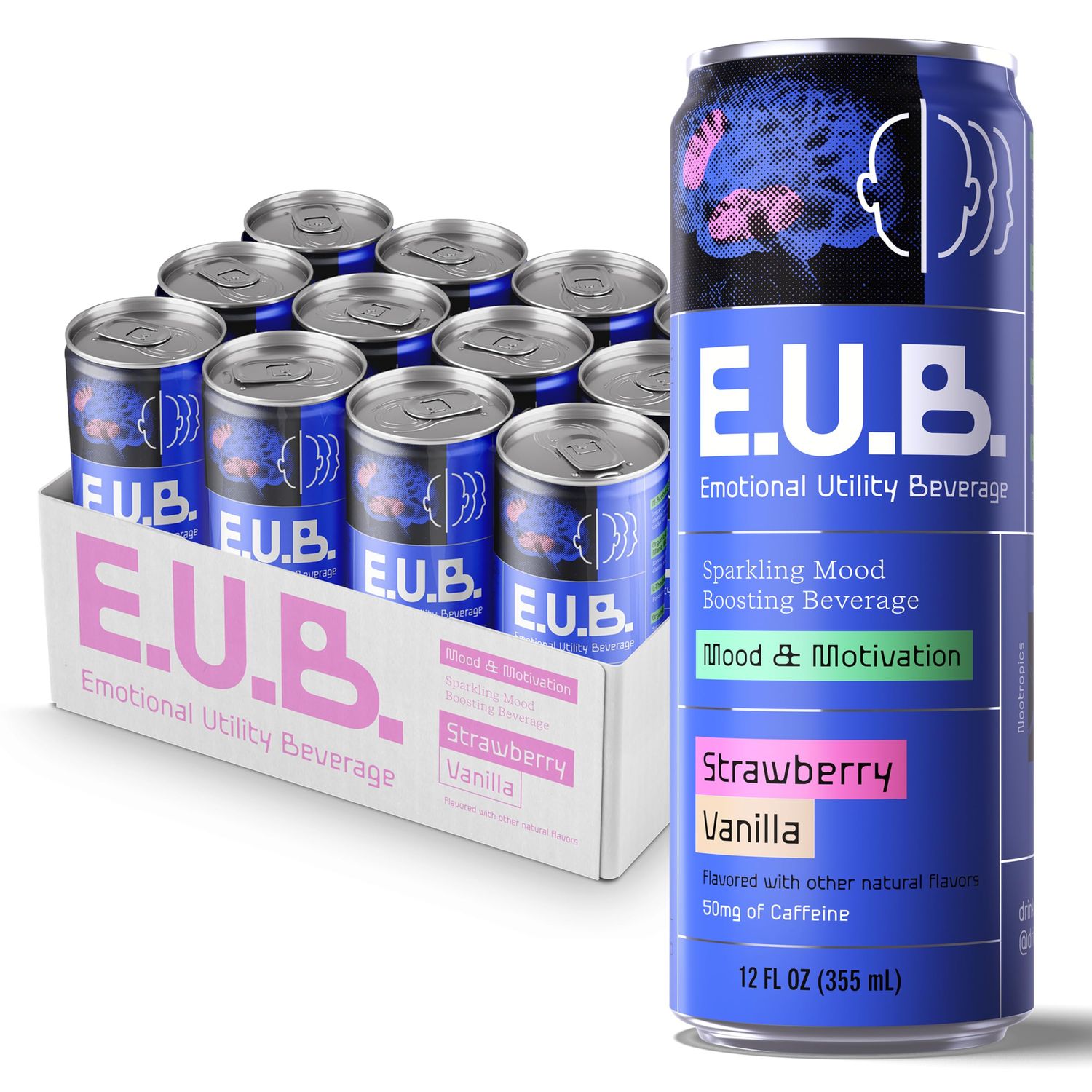 Emotional Utility Mood and Motivation Beverage -Strawberry Vanilla Sparkling Beverage with Nootropics Adaptogens, 12oz cans (12 pack)