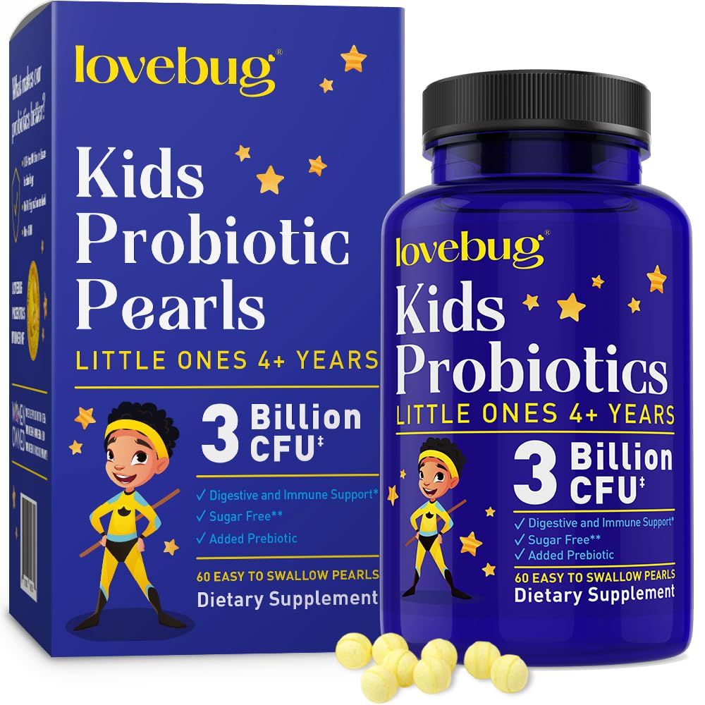 lovebug PROBIOTICS for Kids Multi-Strain 3 Billion CFU Constipation Stomach Discomfort Sugar Free Ages 6