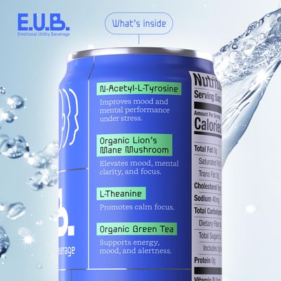 Emotional Utility Mood and Motivation Beverage -Strawberry Vanilla Sparkling Beverage with Nootropics Adaptogens, 12oz cans (12 pack)