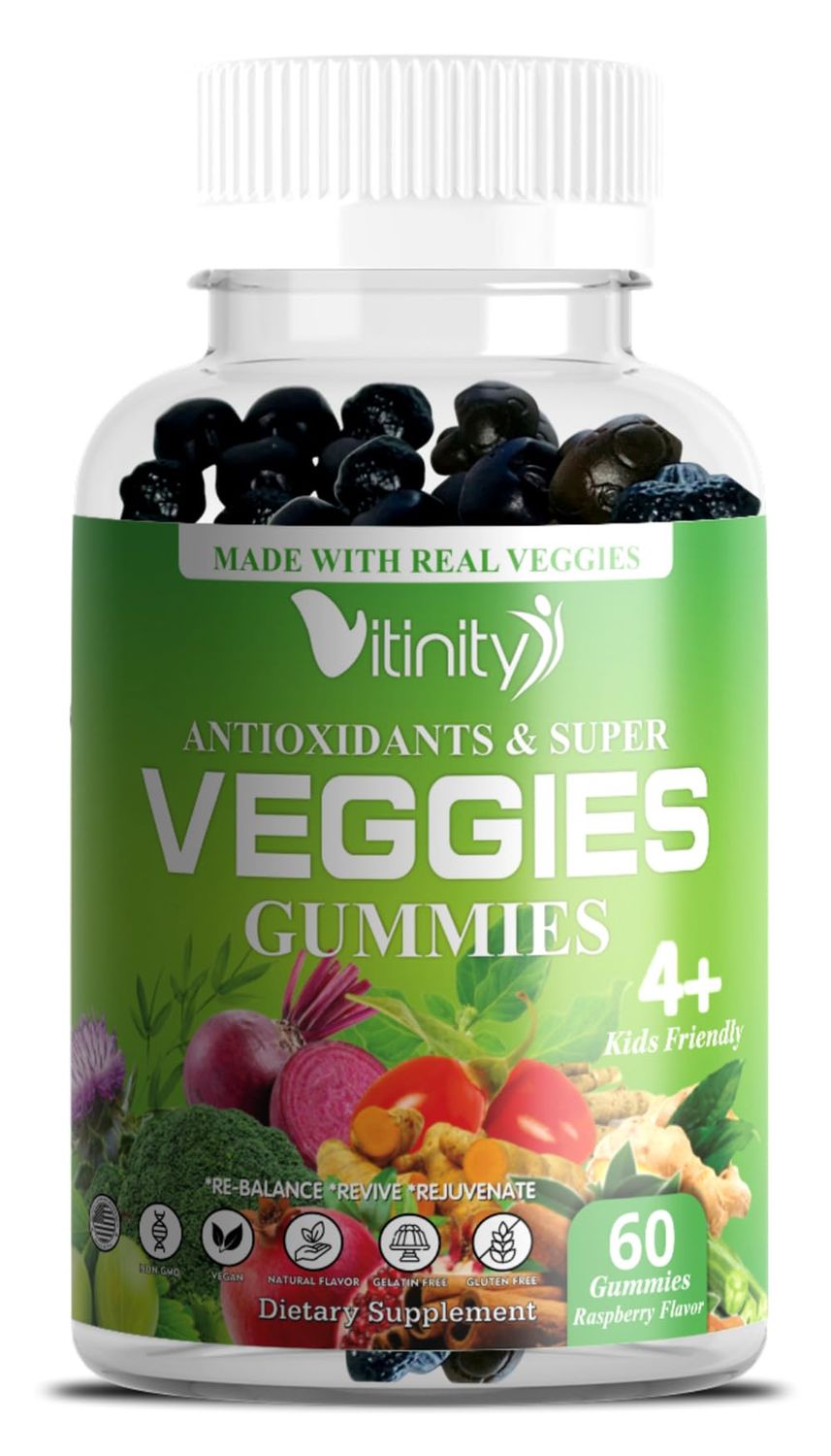 VITINITY Made with Real Super Veggies Delicious Gummy Supplement,Men,Women Kids(60 Chews),30 Veggies,Herbs,Fruit and Vegetable Vitamins,Non-GMO,Pectin-Based,Gluten-Free,No More Pills (30 Day Supply)